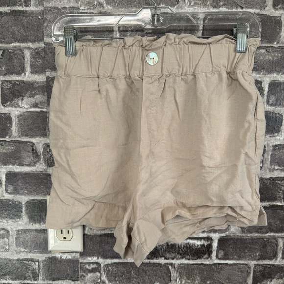 Nia high waisted paperbag shorts tan linen pockets - Picture 1 of 8